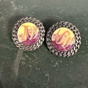 Vintage Earrings Colorful Round Button Rope Edge Purple Teal Enamel Clip On